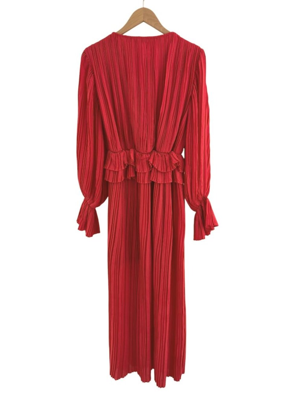 Nasty Gal Red-Orange Ruffle Plunging Pleated Midi Maxi Dress Size 4 Wedding - Picture 8 of 11